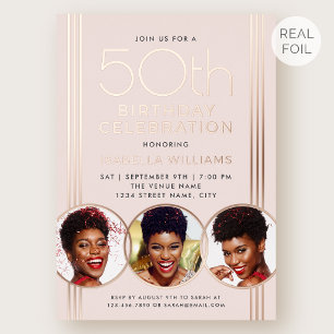 Luxury Rose Gold Foil 50th Birthday Pink Photo Invitation