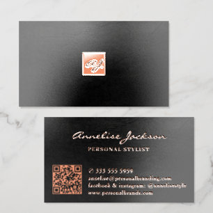 Luxury rose gold foil black leather QR code Business Cards