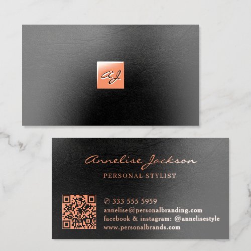 Luxury rose gold foil black leather QR code Business Cards