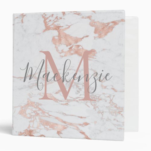 Luxury Rose Gold Foil  Marble Monogram 3 Ring Binder