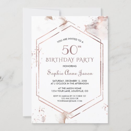 Luxury Rose Gold Frame Washes 50th Birthday Invitation