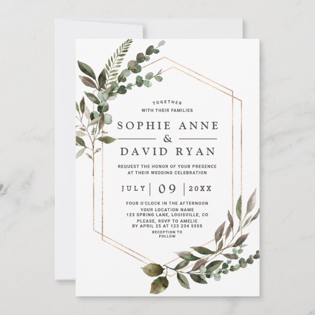 Luxury Rose Gold Geometric Greenery Wedding Invitation (Front)