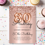 Luxury Rose Gold Glitter Balloon 80th Birthday Invitation<br><div class="desc">Celebrate in style with this chic Rose Gold Balloon 80th Birthday Invitation. Featuring stunning rose gold foil number balloons, a shimmering glitter border and elegant calligraphy, this design shines against a luxurious blush pink metallic foil background. The perfect blend of sophistication and fun, ideal for marking this special milestone with...</div>