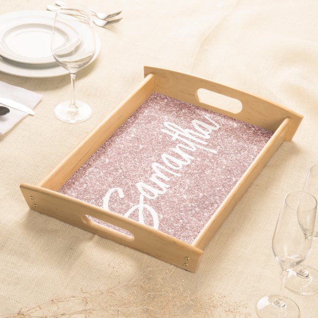 Luxury Rose Gold Glitter Brush Script Name Serving Tray (Front)