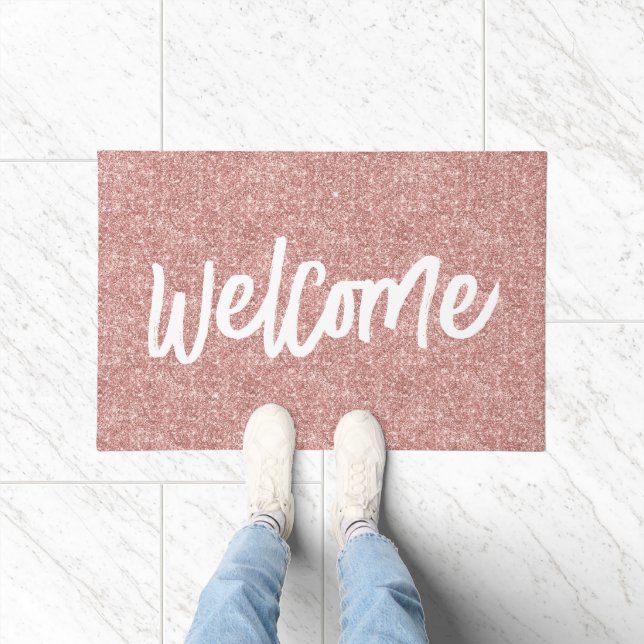 Luxury Rose Gold Glitter Brush Script Welcome Doormat (Indoor)
