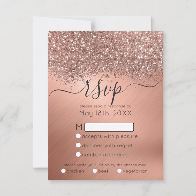 Luxury Rose Gold Glitter Confetti Metallic Wedding RSVP Card (Front)