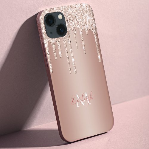 Luxury Rose Gold Glitter Drip with NameMonogram iPhone 13 Case