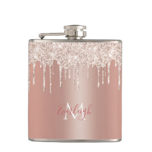 Luxury Rose Gold Glitter Drip with Name/Monogram Flask