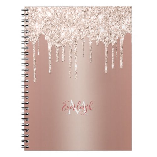 Luxury Rose Gold Glitter Drip with NameMonogram Notebook