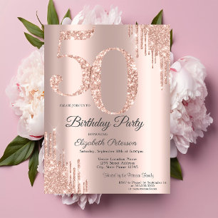 Luxury Rose Gold Glitter Drips 50th Birthday Invitation
