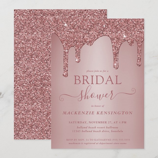 Luxury Rose Gold Glitter Drips Bridal Shower Invitation (Front/Back)