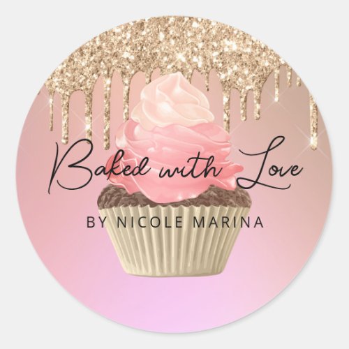 Luxury Rose Gold Glitter Drips Cupcake Bakery Classic Round Sticker