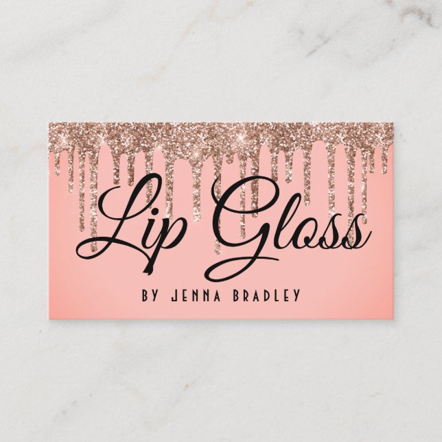 Luxury Rose Gold Glitter Drips Lip Gloss Business Card (Front)