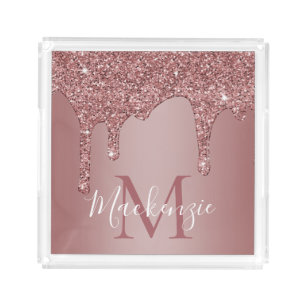 Luxury Rose Gold Glitter Drips Monogram Acrylic Tray