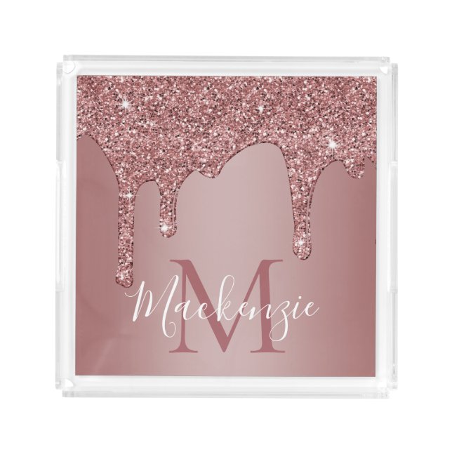 Luxury Rose Gold Glitter Drips Monogram Acrylic Tray (Front)