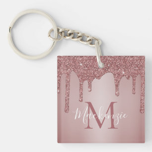 Luxury Rose Gold Glitter Drips Monogram Keychain