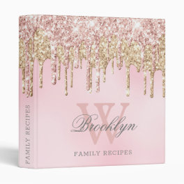 Luxury Rose Gold Glitter Drips Monogram Recipe 3 Ring Binder