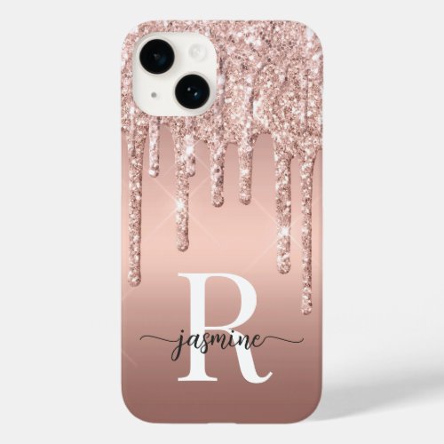 Luxury Rose Gold Glitter Drips Ombre Monogrammed Case_Mate iPhone 14 Case