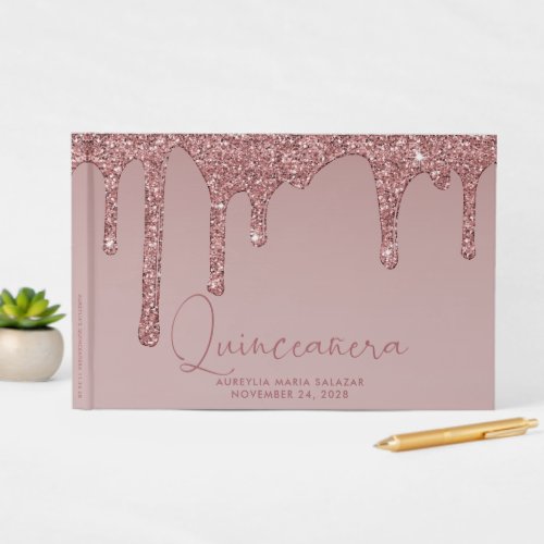 Luxury Rose Gold Glitter Drips Quinceanera Guest Book