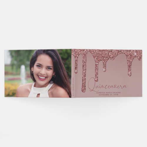 Luxury Rose Gold Glitter Drips Quinceanera Photo Guest Book