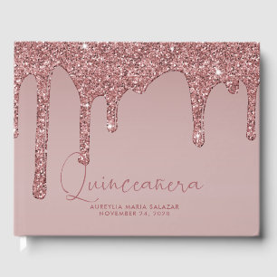 Luxury Rose Gold Glitter Drips Quinceanera Photo Guest Book