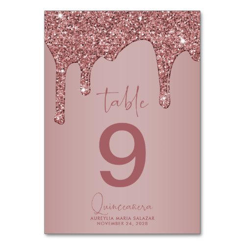 Luxury Rose Gold Glitter Drips Quinceanera Table Number