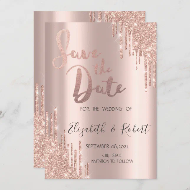 Luxury Rose Gold Glitter Drips Save The Date Zazzle