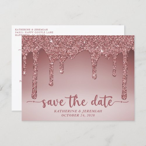 Luxury Rose Gold Glitter Drips Save The Date Announcement Postcard