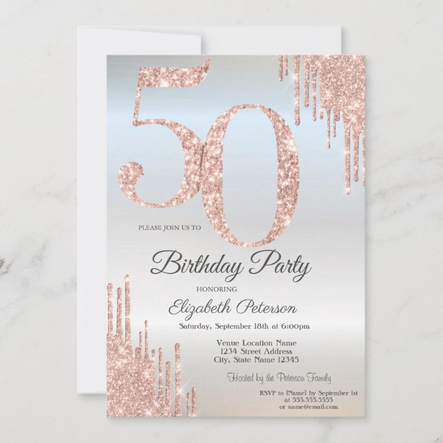 Luxury Rose Gold Glitter Drips Silver 50th  Invitation (Front)