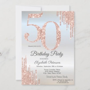 Luxury Rose Gold Glitter Drips Silver 50th Invitation