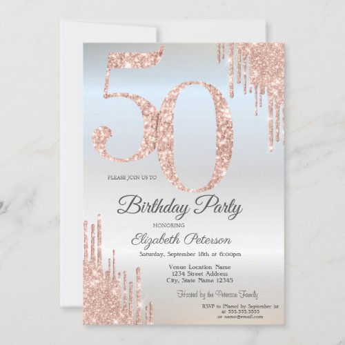 Luxury Rose Gold Glitter Drips Silver 50th  Invitation