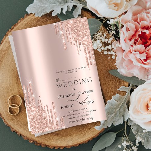 Luxury Rose Gold Glitter Drips Wedding Invitation