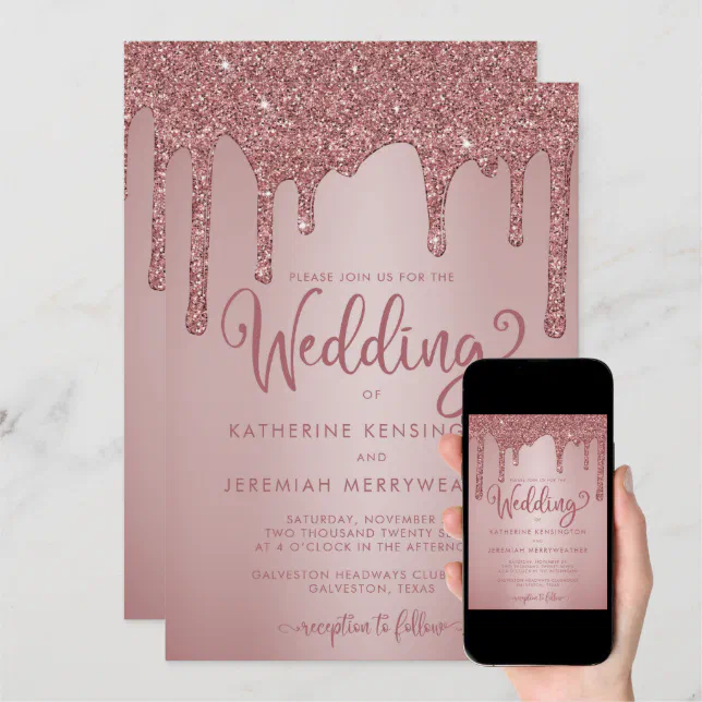 Luxury Rose Gold Glitter Drips Wedding Invitation Zazzle