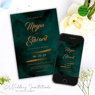 Luxury Rose Gold Glitter Emerald Green Wedding Invitation