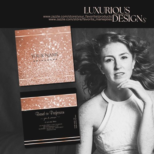 Luxury Rose Gold Glitter Luminous Stars Elegance Square Business Card