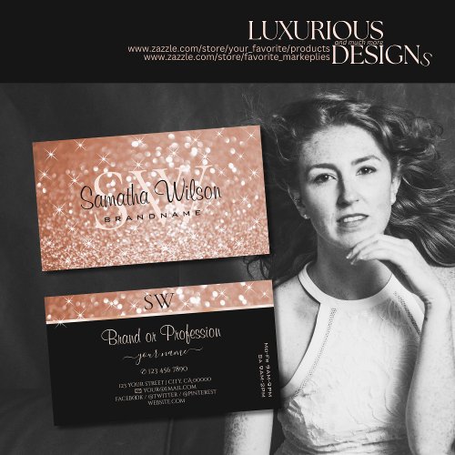 Luxury Rose Gold Glitter Luminous Stars Initials Business Card
