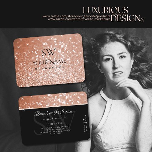 Luxury Rose Gold Glitter Luminous Stars Monogram Business Card