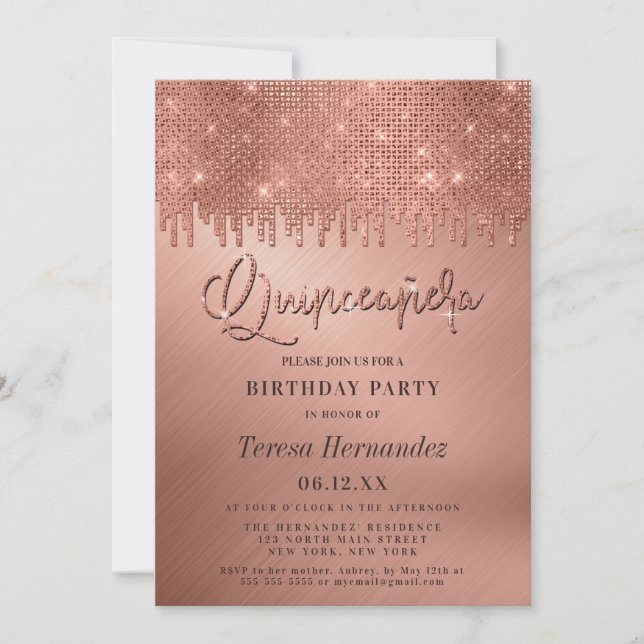 Luxury Rose Gold Glitter Pixels Quinceañera Invitation (Front)