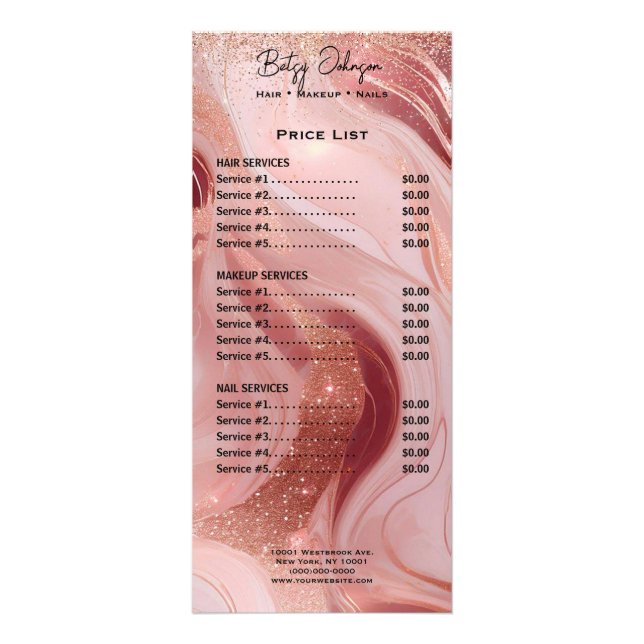 Luxury Rose Gold Glitter Rack Card Price List (Front)