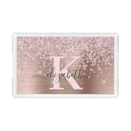 Luxury Rose Gold Glitter Script Monogrammed Acrylic Tray