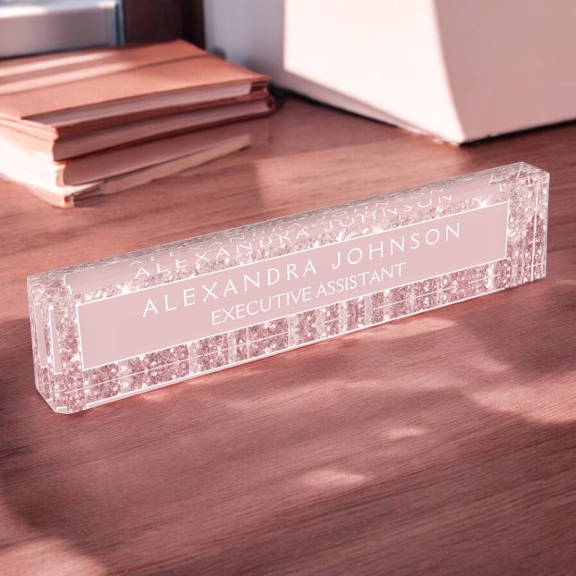 Luxury Rose Gold Glitter Sparkle Modern Desk Name Plate (Creator Uploaded)