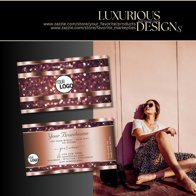 Luxury Rose Gold Glitter Sparkle Stars add Logo Business Card (Creator Uploaded)