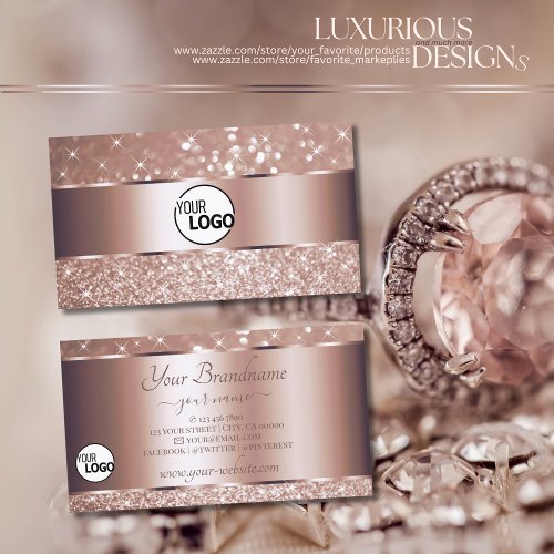 Luxury Rose Gold Glitter Sparkling Stars and Logo Business Card