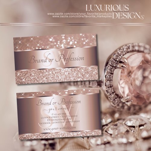 Luxury Rose Gold Glitter Sparkling Stars Monogram Business Card