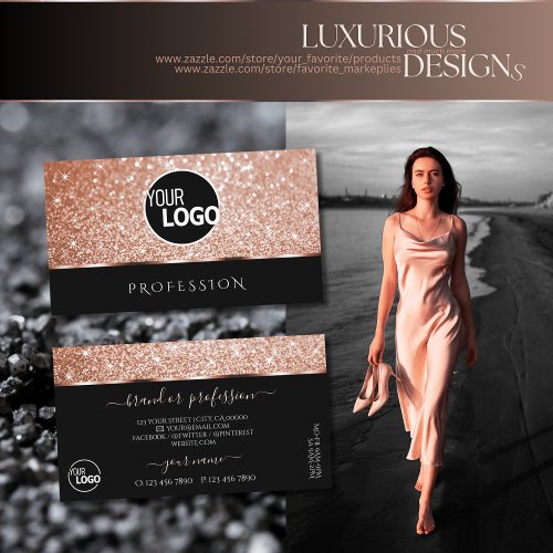 Luxury Rose Gold Glitter Stars Chic Black and Logo Business Card