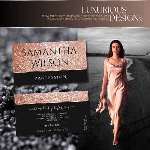 Luxury Rose Gold Glitter Stars Chic Black Elegance Business Card