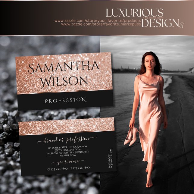Luxury Rose Gold Glitter Stars Chic Black Elegance Business Card (Creator Uploaded)