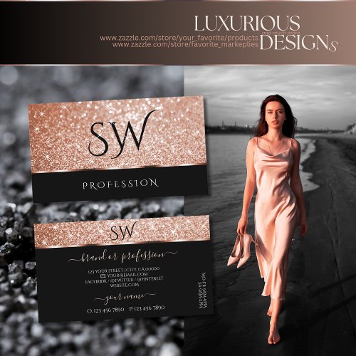 Luxury Rose Gold Glitter Stars Chic Black Monogram Business Card