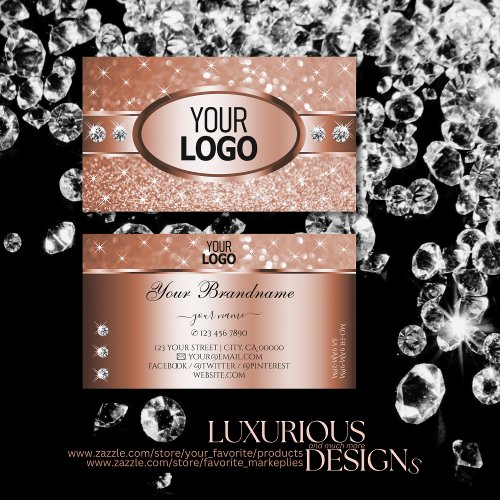 Luxury Rose Gold Glitter Stars Diamonds and Logo Business Card