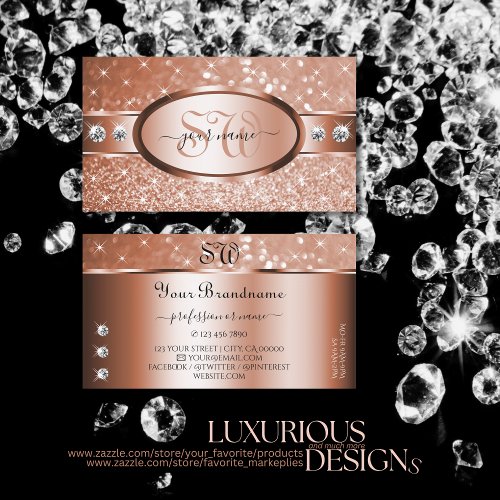 Luxury Rose Gold Glitter Stars Diamonds Monogram Business Card